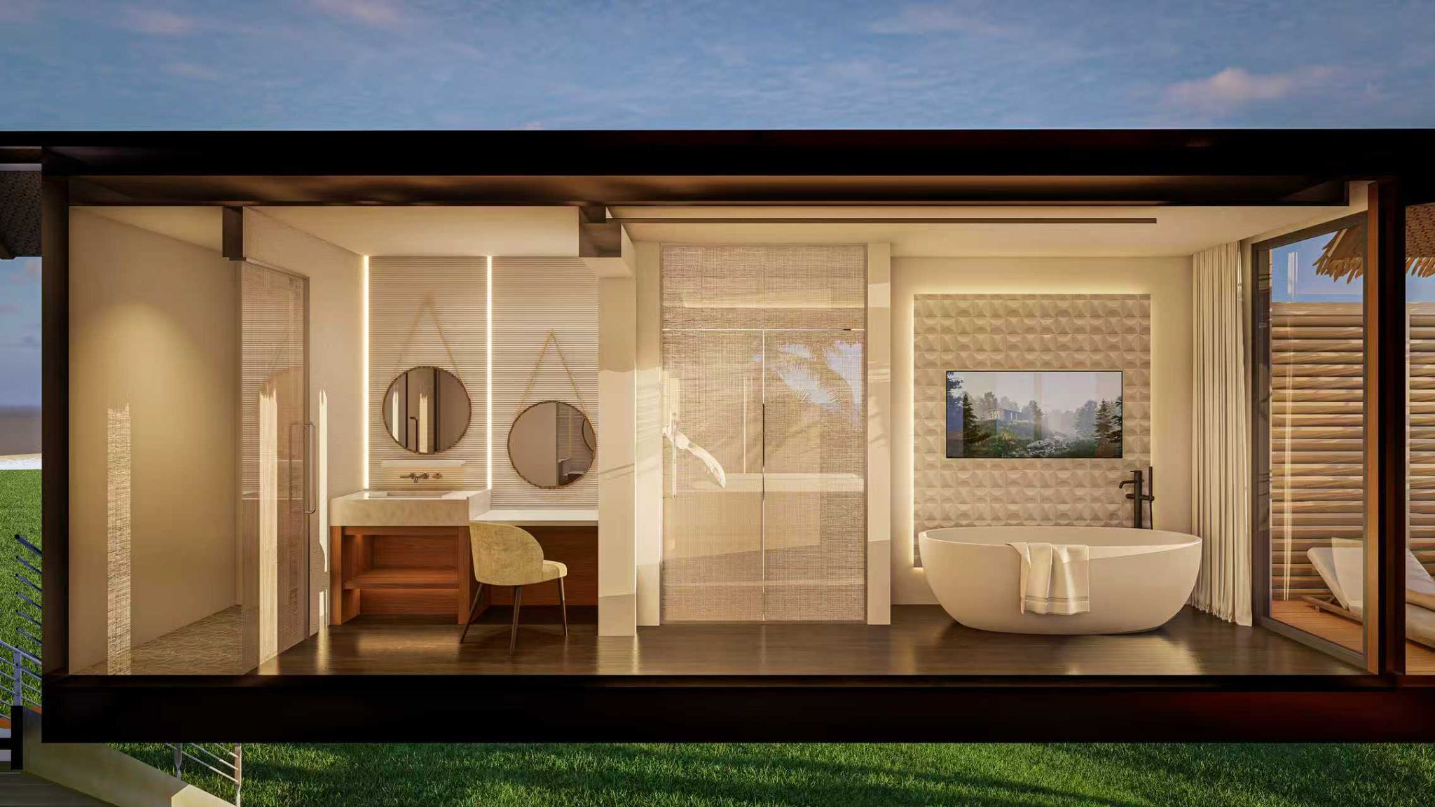 Villa bath with vanity, shower and soaking tub (rendering)