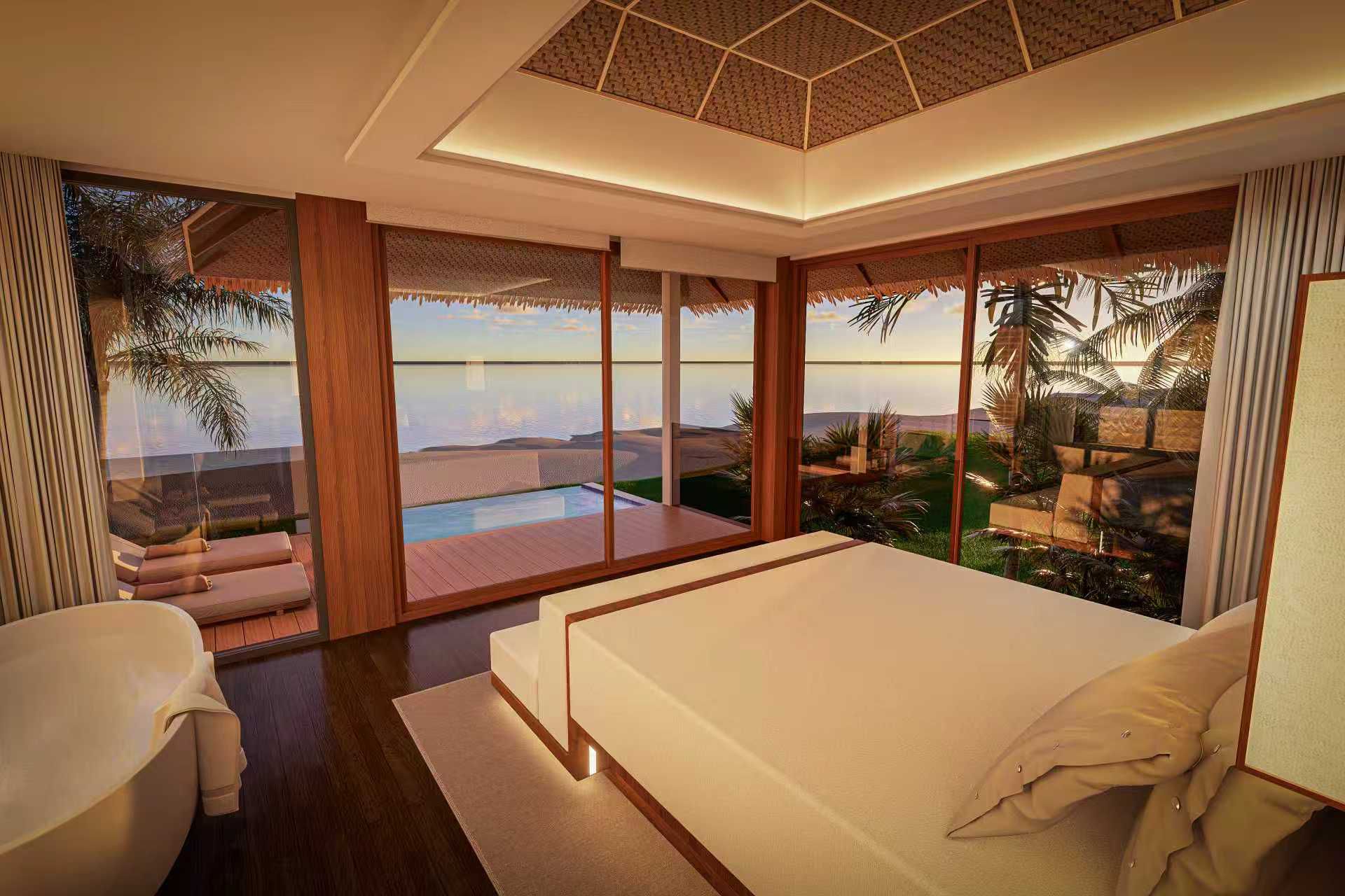 Villa bedroom looking out to the deck, plunge pool and beach (rendering)