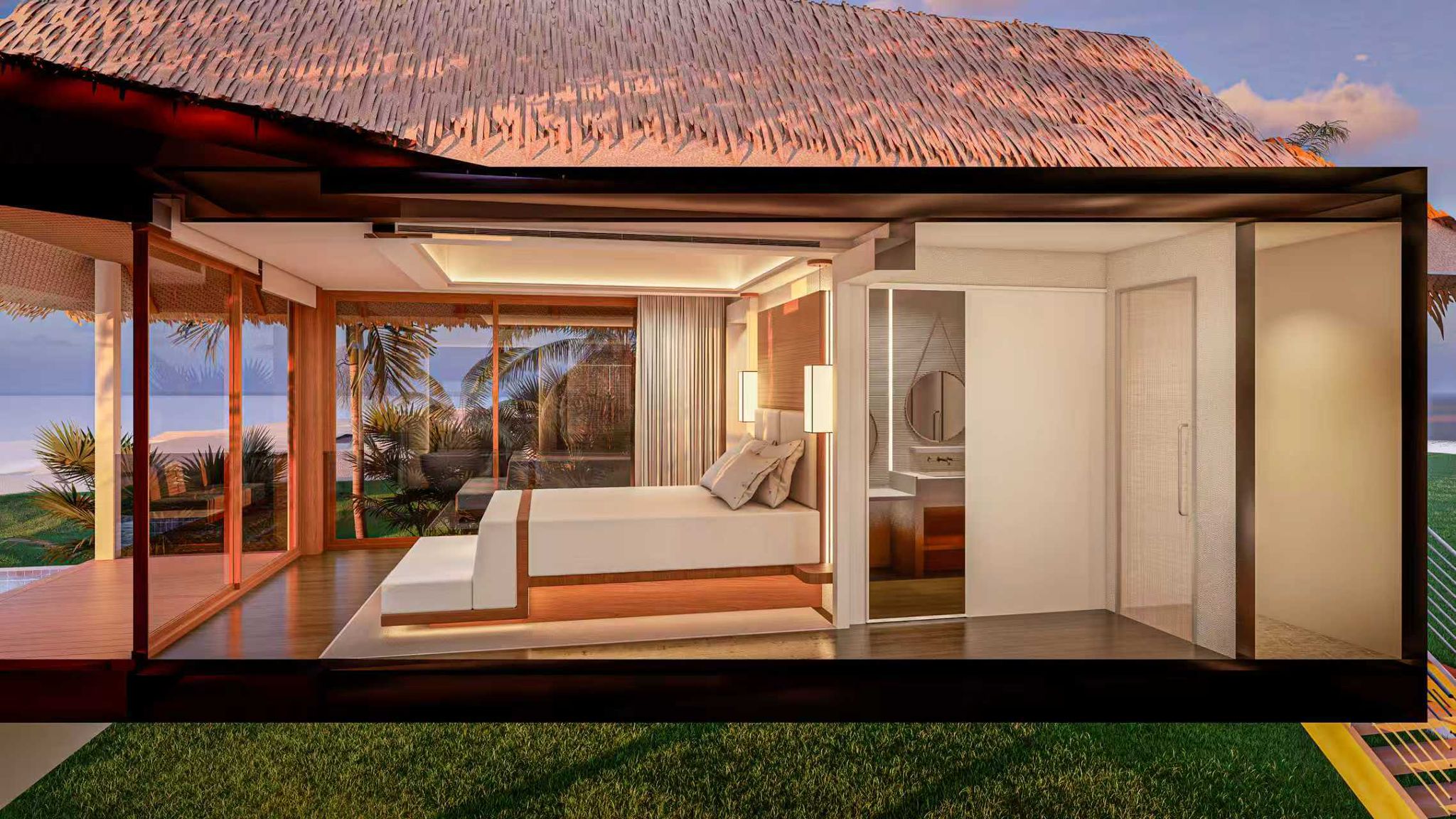 Villa exterior at dusk (rendering)