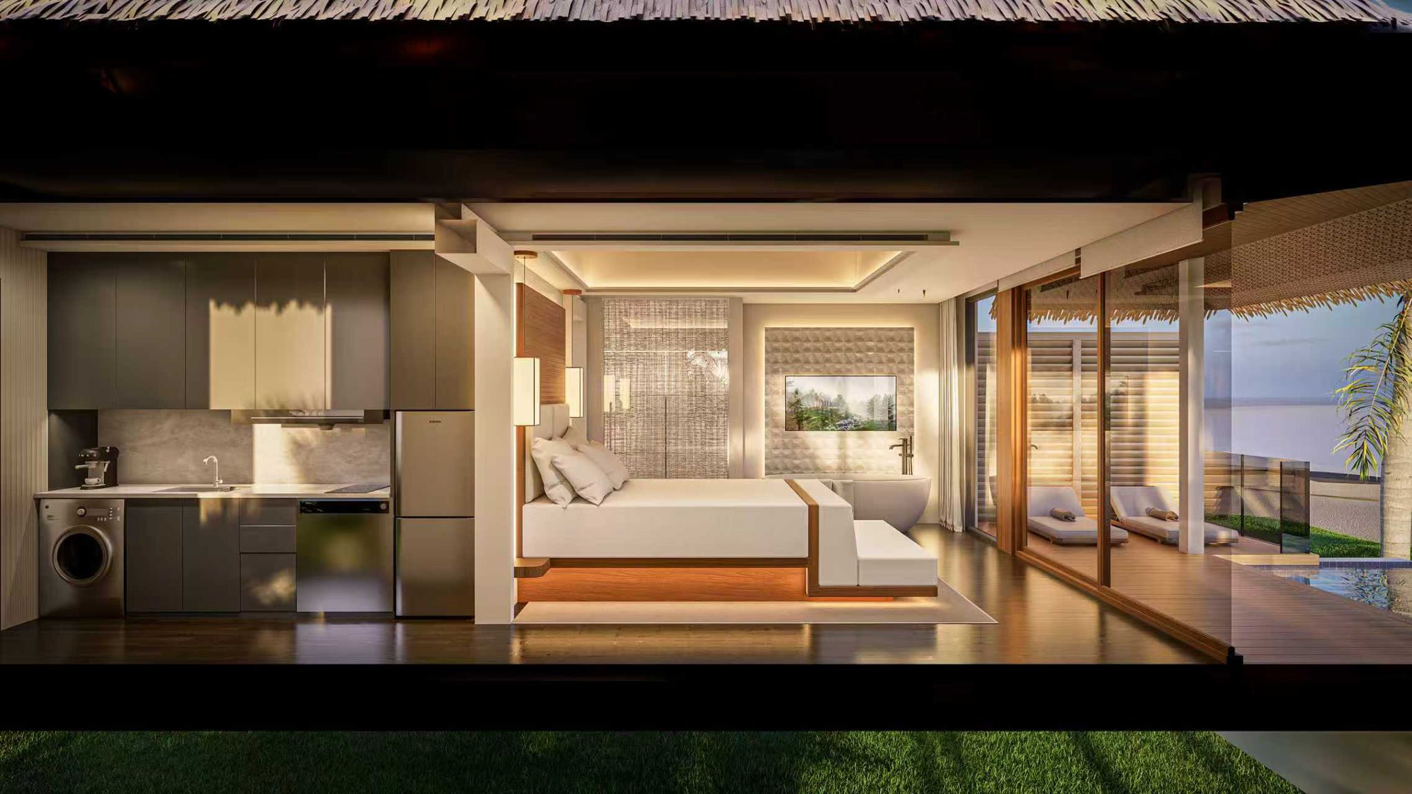 Villa plan with kitchenette, bedroom, bath and deck (rendering)